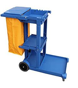 Carro de limpieza azul con bolsa amarilla y tapa