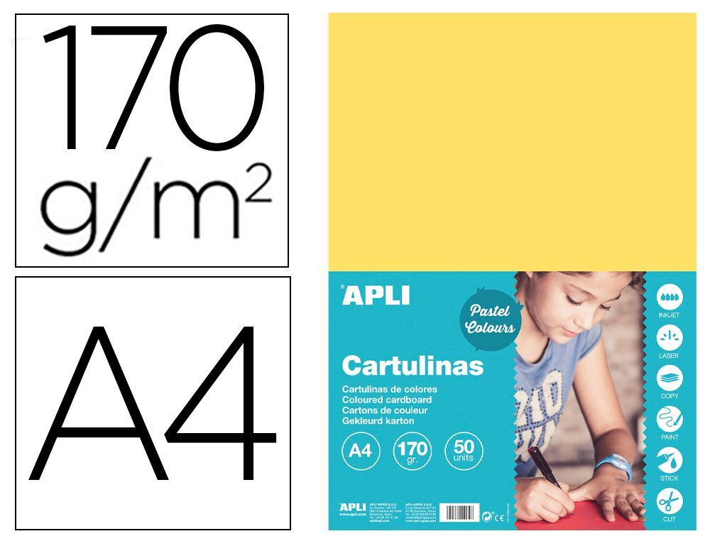 Cartulina apli din A4 170g/m2 amarillo claro paquete de 50 hojas