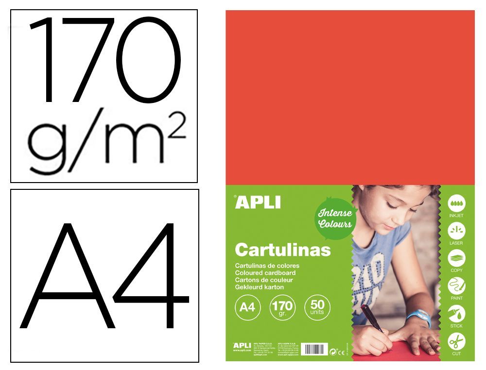 Cartulina apli din A4 170g/m2 rojo paquete de 50 hojas
