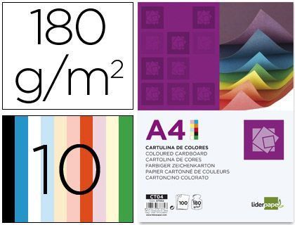 Cartulina Liderpapel A4 180G/M2 10 Colores Surtidos Paquete de 100