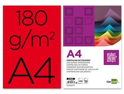 Cartulina Liderpapel A4 180G/M2 Rojo Paquete de 100