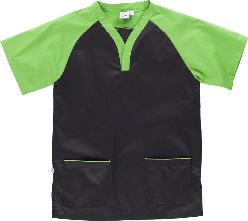 Casaca bicolor con manga ranglan corta y dos bolsillos Negro Verde Pistacho