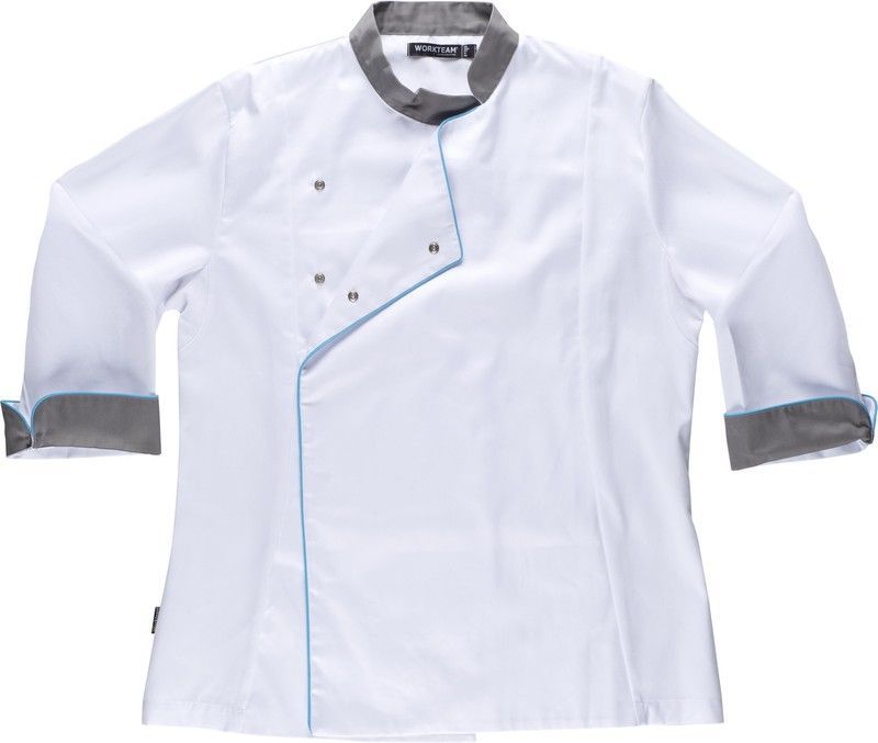 Casaca cocina de mujer combinada con vivos Tejido bird-eye  antimanchas Blanco Gris