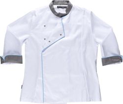 Casaca cocina de mujer combinada con vivos Tejido bird-eye  antimanchas Blanco Gris