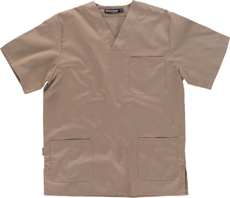 Casaca sanitario cuello de pico manga corta Beige
