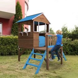 Casita infantil de madera de pino en marrón y azul, 239,5 x 156 x 198 cm | Melody Blue
