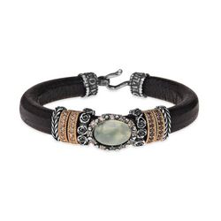 CB135E Pulsera Plata de Palo mujer en cuero, plata, bronce y piedra prehnita ovalada