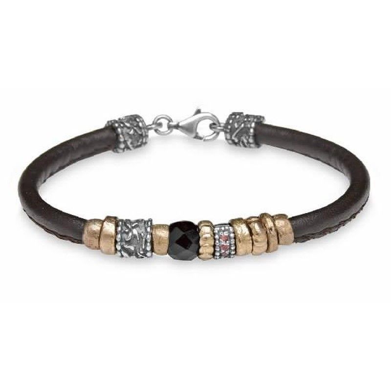 CB37H Pulsera Plata de Palo mujer en cuero, plata, bronce, ónix