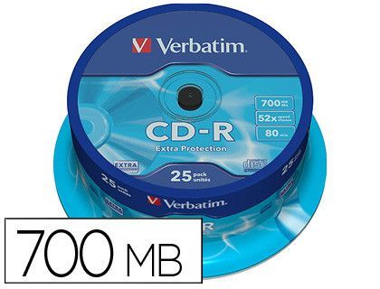Cd-r verbatim capacidad 700mb velocidad 52x 80 min tarrina de 25 unidades