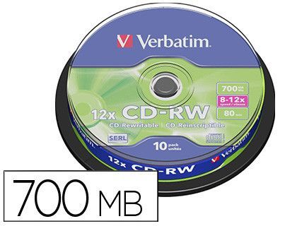 Cd-rw verbatim serl capacidad 700mb velocidad 12x 80 min tarrina de 10 unidades