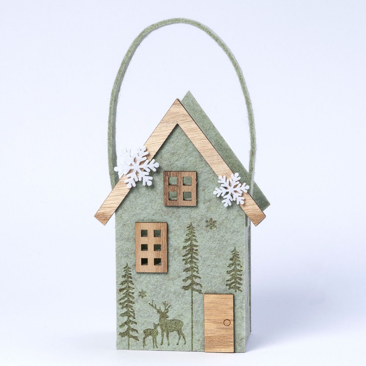 Cesto fieltro casa verde detalles madera 23cm.