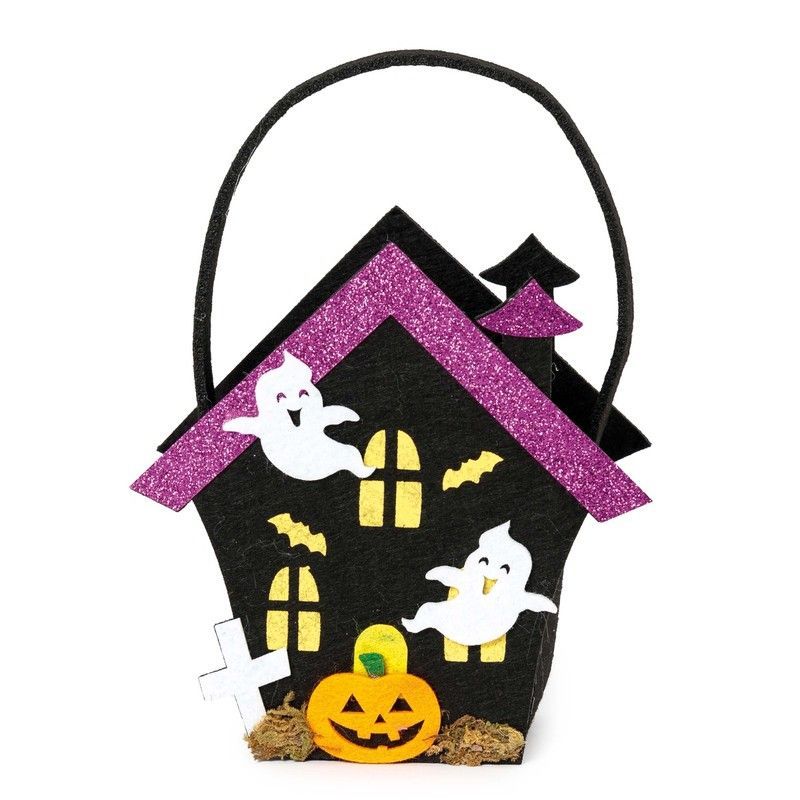 Cesto fieltro casita Halloween tejado lamé rosa 19x14x6x5 cm