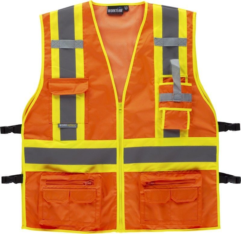 Chaleco alta visibilidad, multibolsillos, cintas reflectantes bicolores verticales y horizontales Naranja AV Amarillo AV