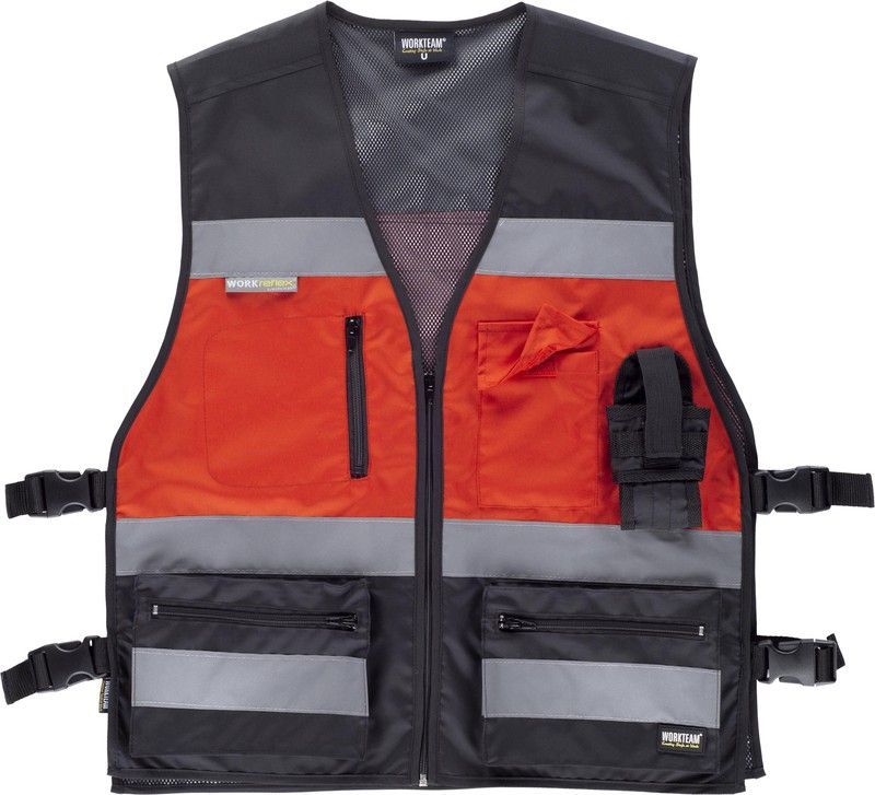 Chaleco de alta visibilidad combinado con ajustes laterales Negro / Rojo