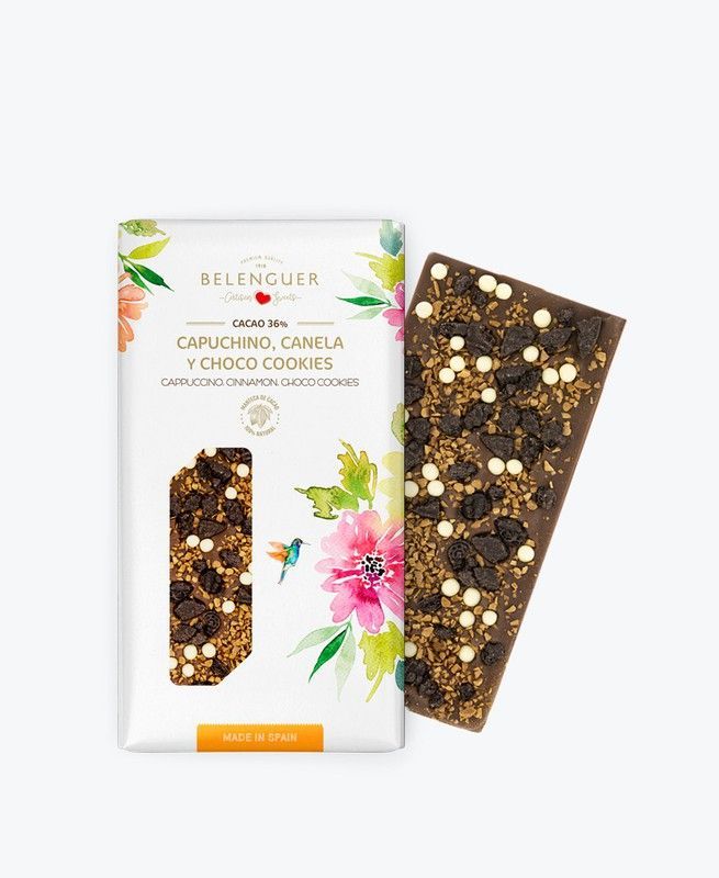 Chocolate con Leche 36%  capuchino, canela y choco cookies Artesano Belenguer 100 g