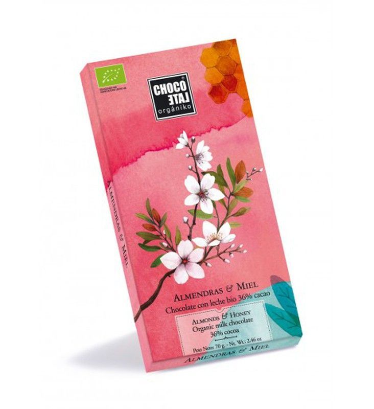 Chocolate con leche, almendra y miel 36% manteca de cacaoorganiko