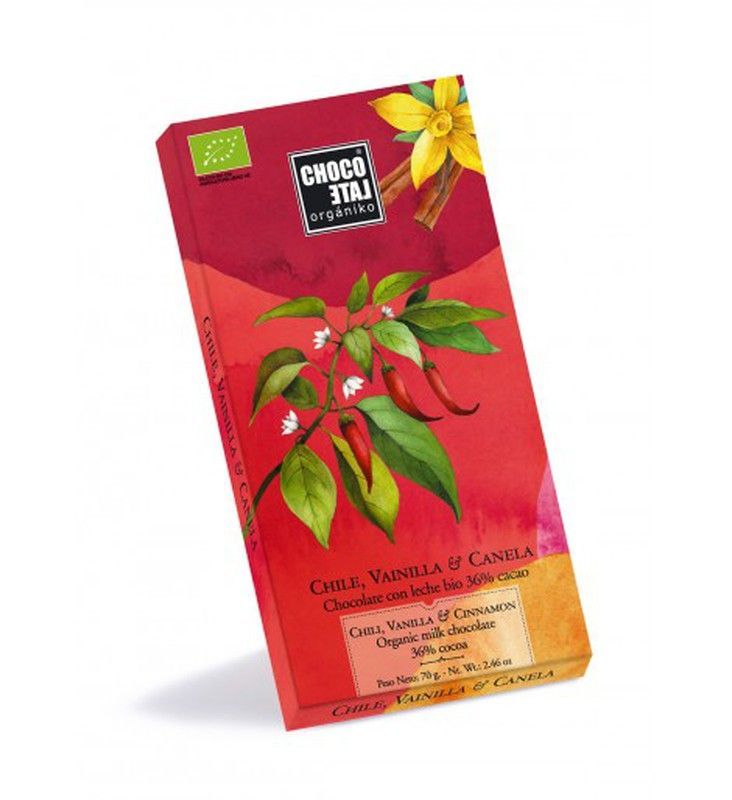 Chocolate con leche, chilli, vainilla y canela 46 % cacaoorganiko