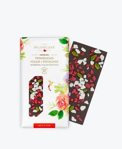 Chocolate Negro 64% con frambuesas, yogur y pistachos Artesano Belenguer 100 g