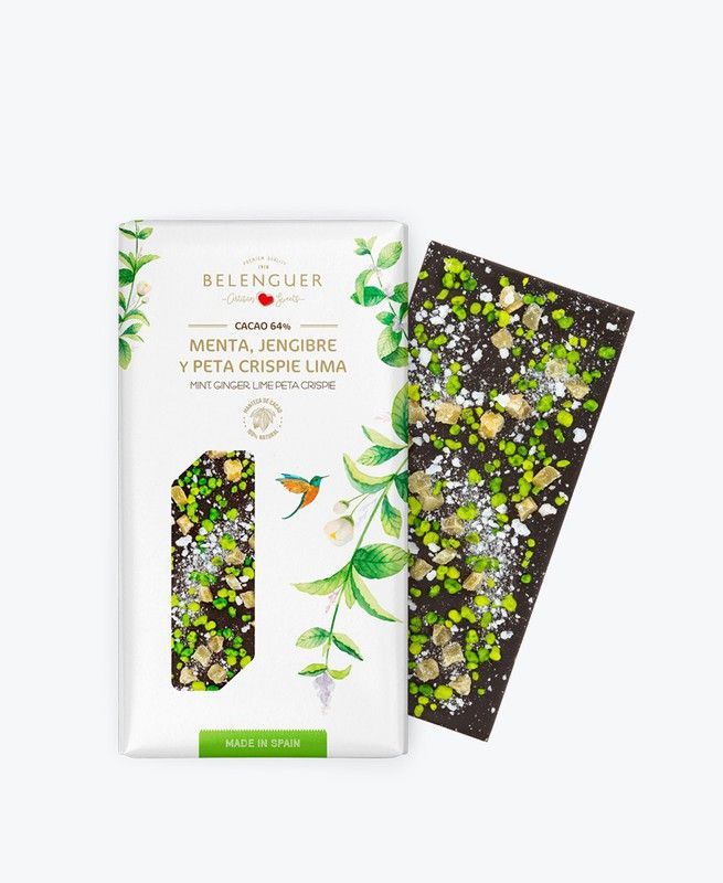 Chocolate Negro 64 % menta, jengibre y peta crispie de lima Artesano Belenguer 100 g
