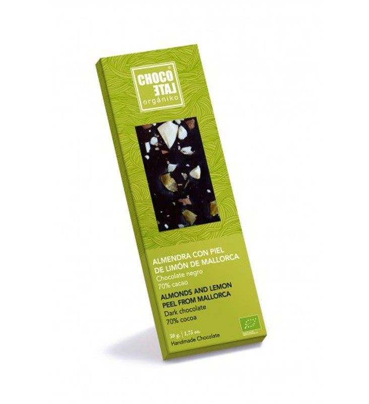 Chocolate negro 70 % cacao, almendra con piel de limón de mallorca organiko
