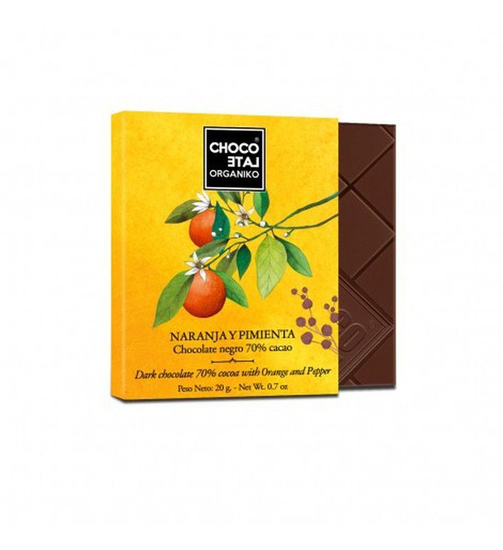 Chocolate negro 70 % cacao, naranja y pimienta organiko 20 grs bio