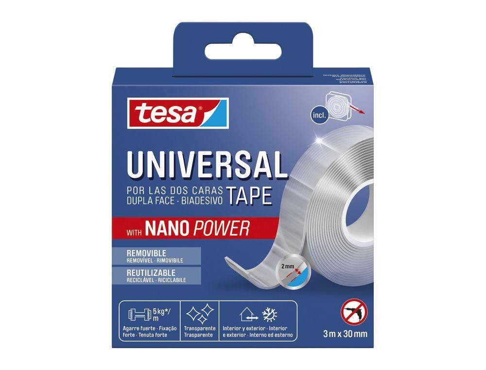 Cinta adhesiva tesa doble cara nano universal transparente 3 mt x 30 mm