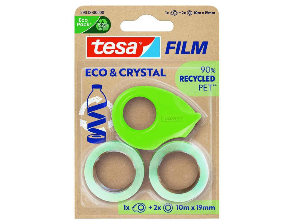 Cinta adhesiva tesa film eco&cristal transparente 10 m x 19 mm blister de 2 unidades + miniportarrollo