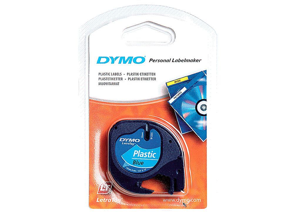 Cinta Dymo Letratag 12mm x 4m negro sobre azul plástico