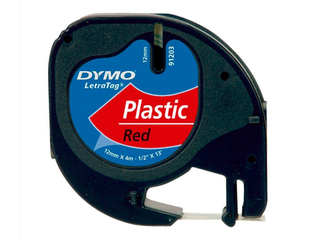 Cinta Dymo Letratag 12mm x 4m negro sobre rojo plástico