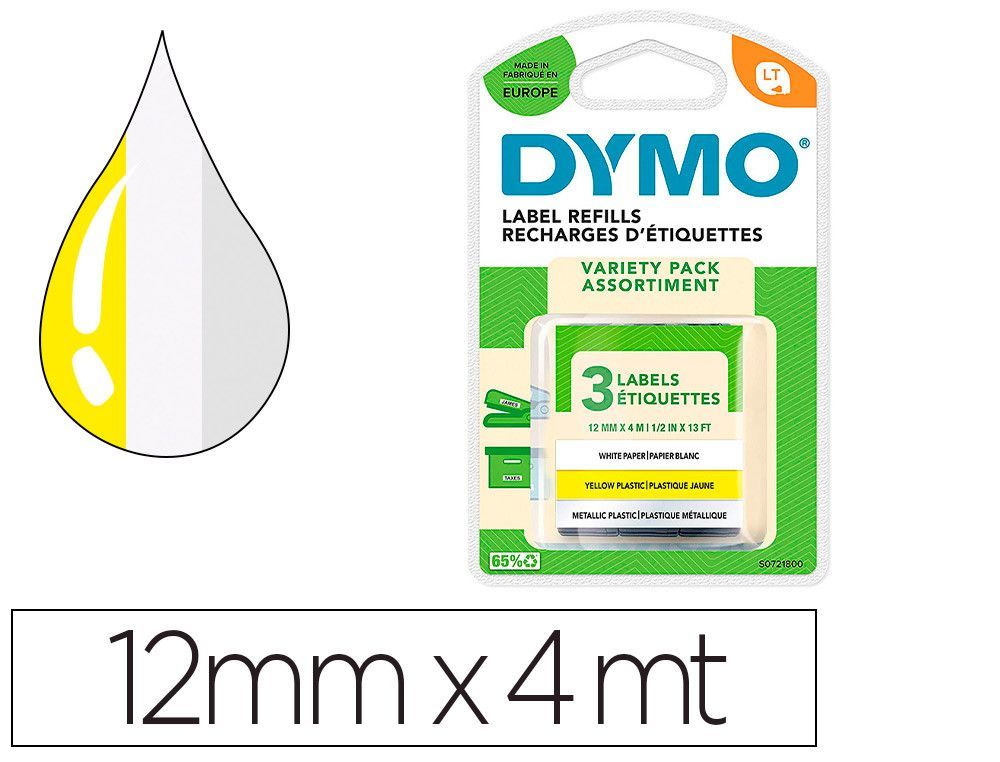 Cinta dymo metalizada letratag 12mm x 4mt papel blanco / plastico amarillo / metalica plata pack de 3