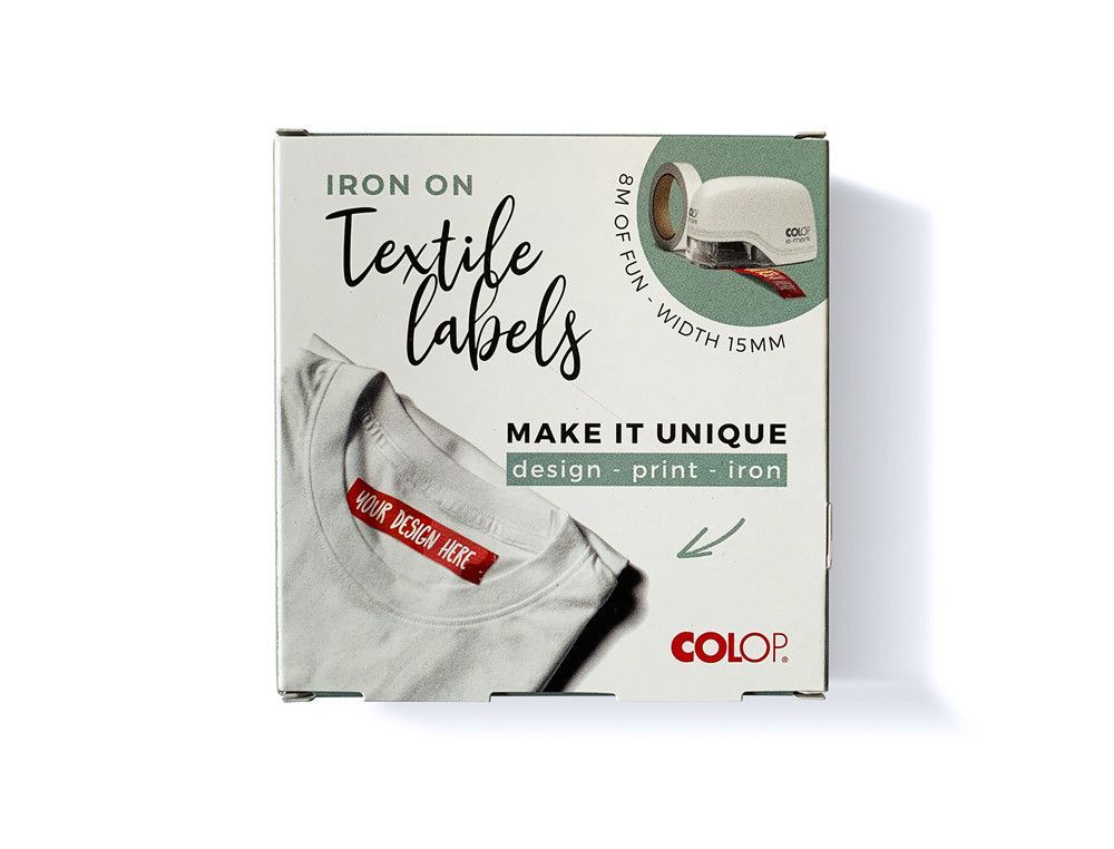 Cinta textil colop tafetan termo adhesiva ancho 15 mm para impresora e-mark rollo de 8 mt