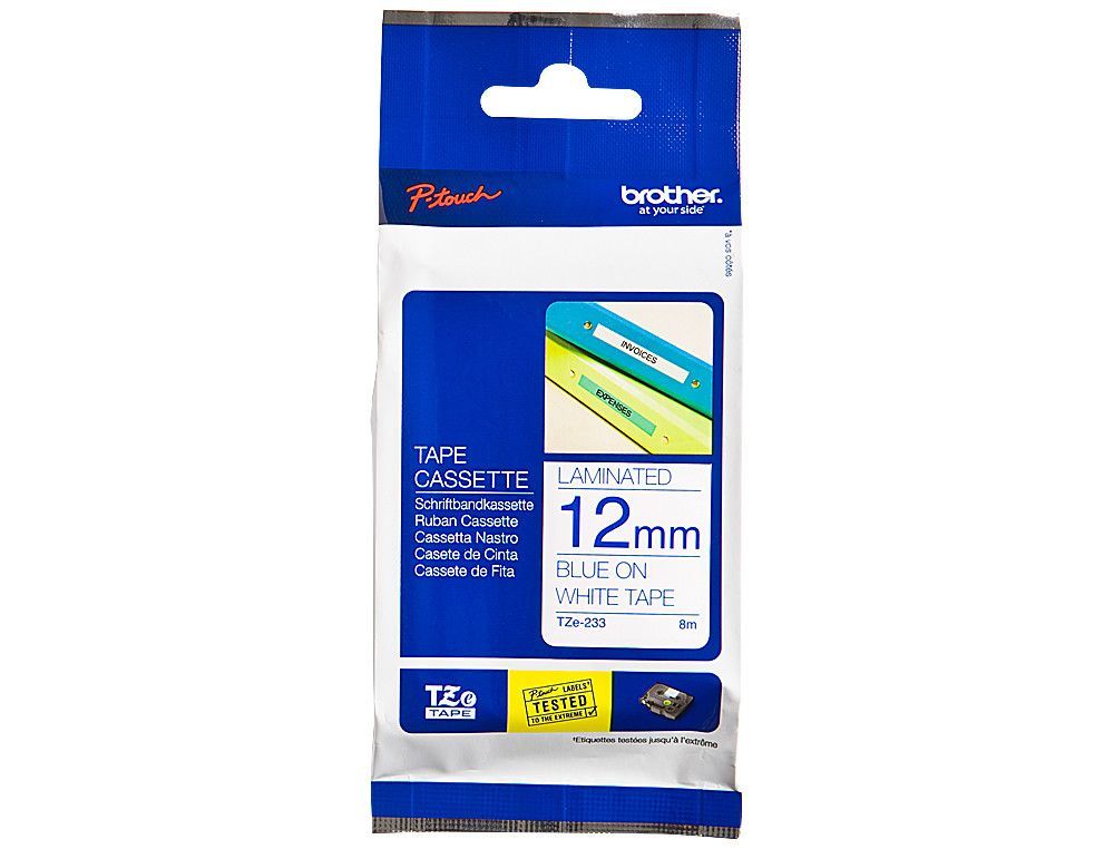 Cinta TZ Brother laminada 12mm x 8m azul sobre blanco