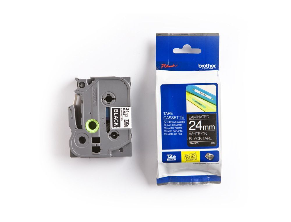 Cinta TZ Brother laminada 24mm x 8m blanco sobre negro