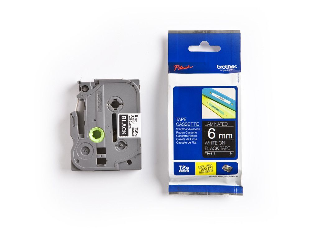 Cinta TZ Brother laminada 6mm x 8m blanco sobre negro