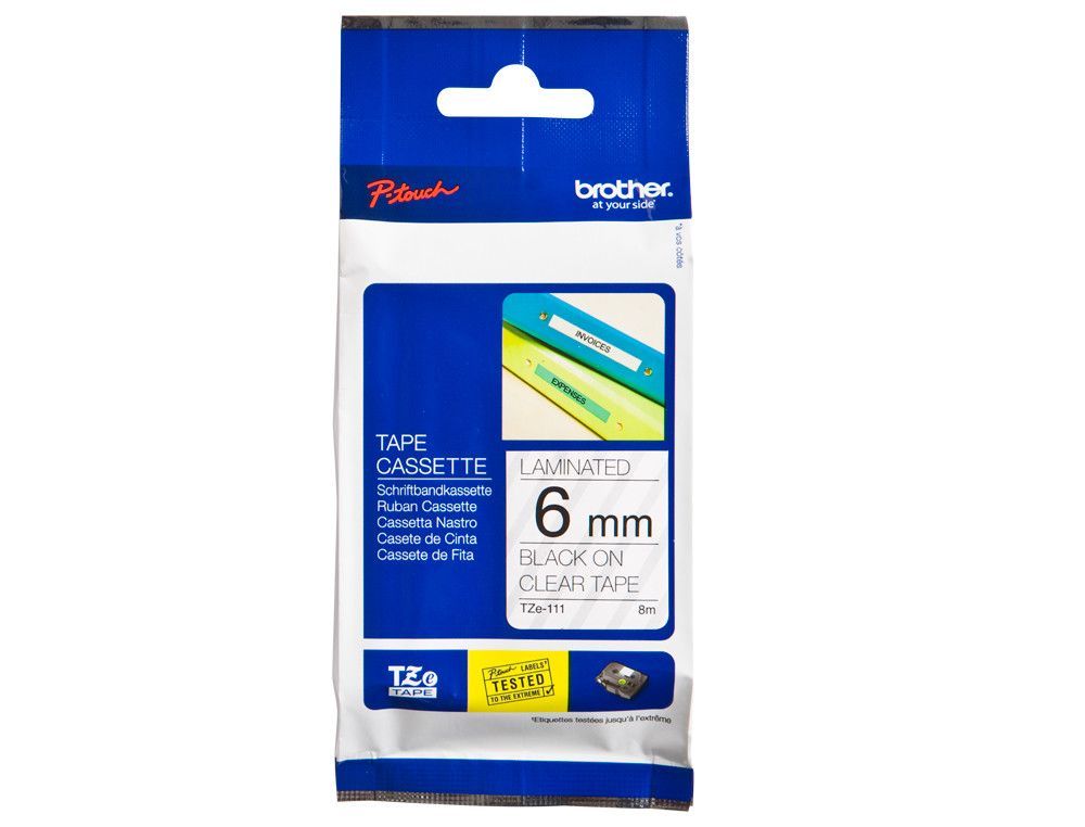 Cinta TZ Brother laminada 6mm x 8m negro sobre transparente