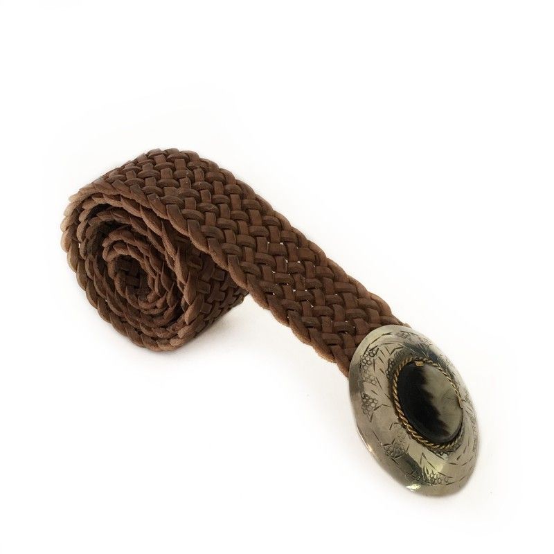 Cinturón De Piel Ancho Trenzado Khaki Con Hebilla Redonda