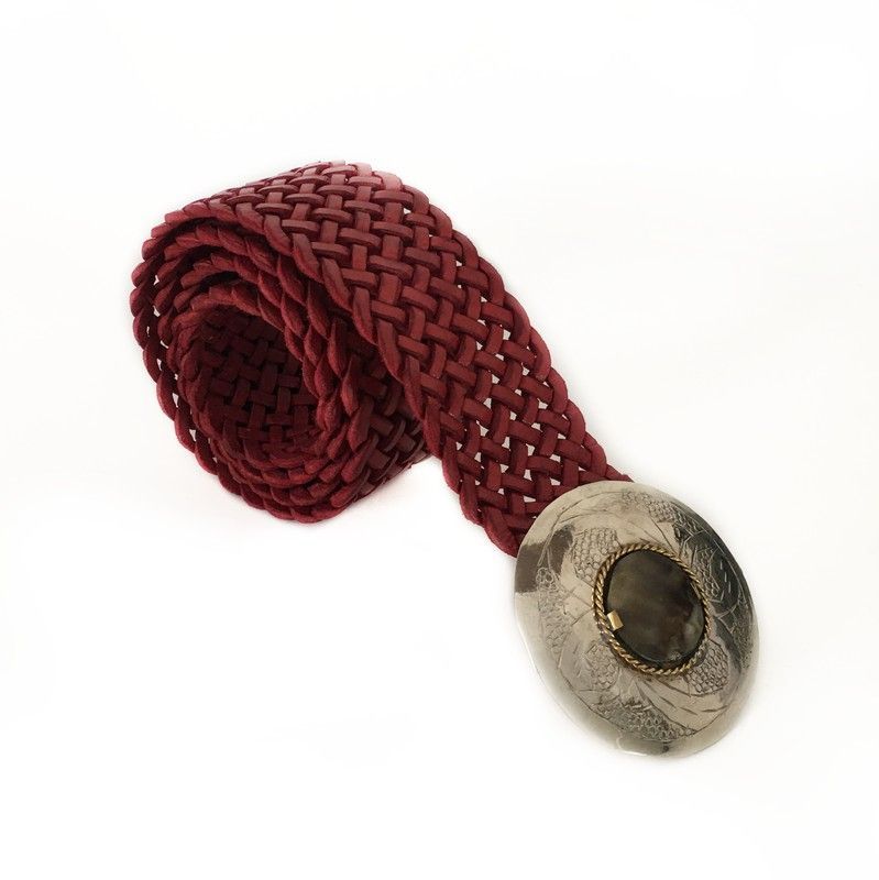 Cinturón De Piel Ancho Trenzado Rojo Con Hebilla Redonda