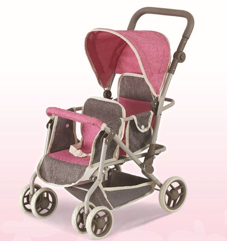 Coche Gemelos Rueda Giratoria Marron-Rosa