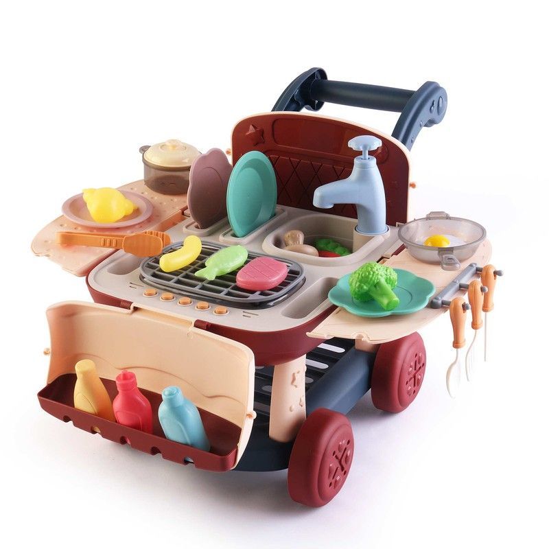 Cocina infantil 2 en 1 de polietileno en beige y granate, 39 x 23 x 27 cm | Kitchen Cart