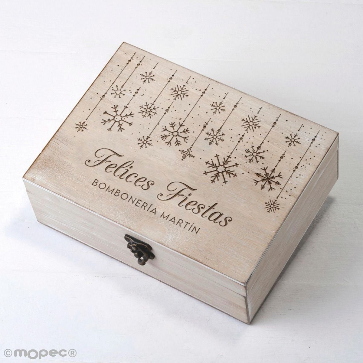 Cofre madera Felices Fiestas copos 23x17cm personalizable