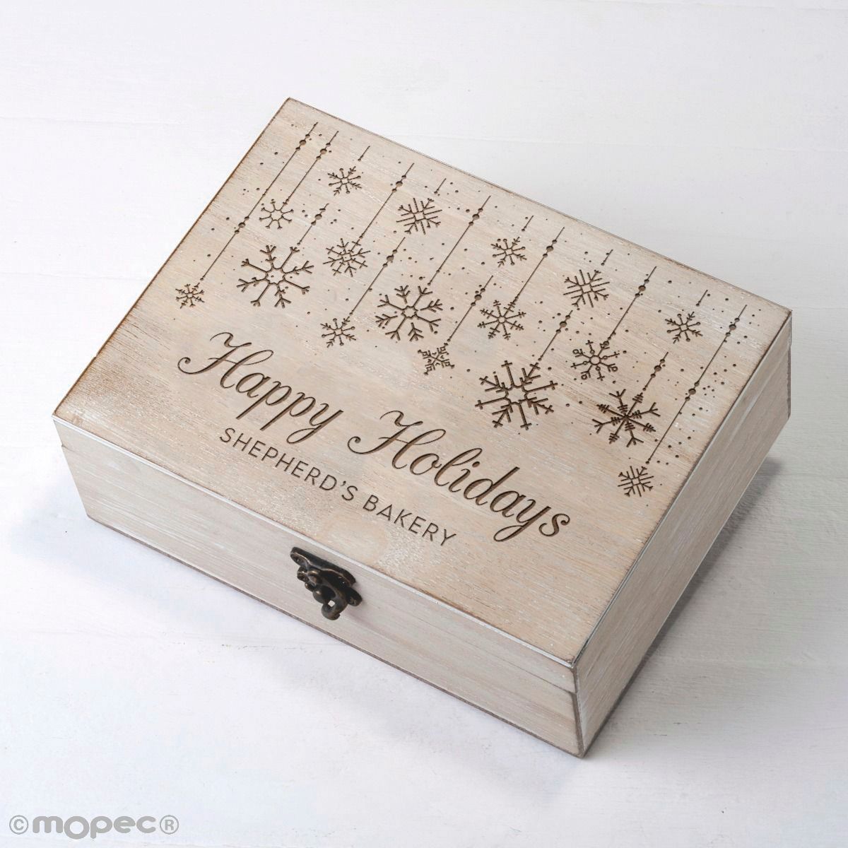 Cofre madera Merry Christmas copos personalizable 23x17cm