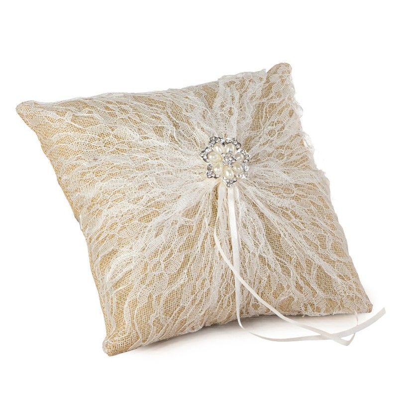 Cojín alianzas burlap con blonda broche perlas 20x20cm