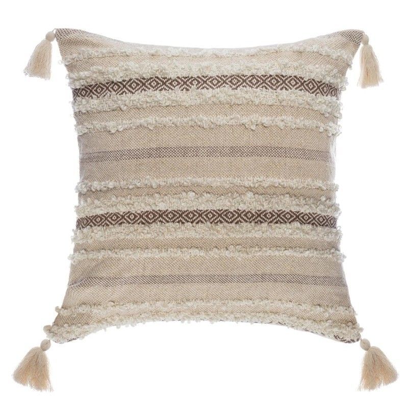 Cojin de jacquard Shine con pompones en tonos beige 45X45 cm