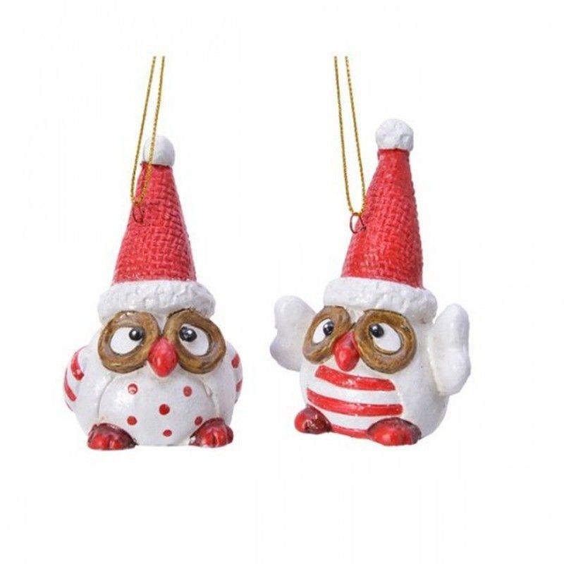 Colgante Búho Blanco-Rojo Gafas+Gorro 9Cm (2U)