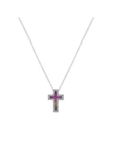 Colgante Plata Mujer PCRZ34 Cruz Circonitas Multicolor