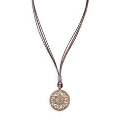 Collar Flores BN016X PLATA DE PALO tres tiras de cuero y colgante circular elegante