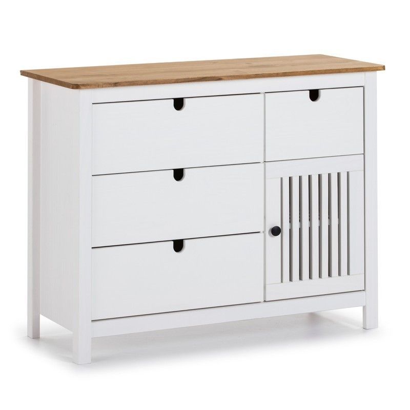 Cómoda, 100 x 40 x 80 cm, de madera de pino en blanco y natural  | Colección Bruna