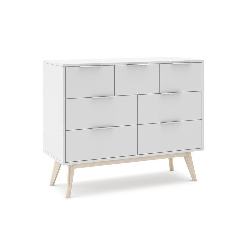 Cómoda, 120 x 40 x 83 cm, de madera de pino en blanco y natural  | Colección Campus