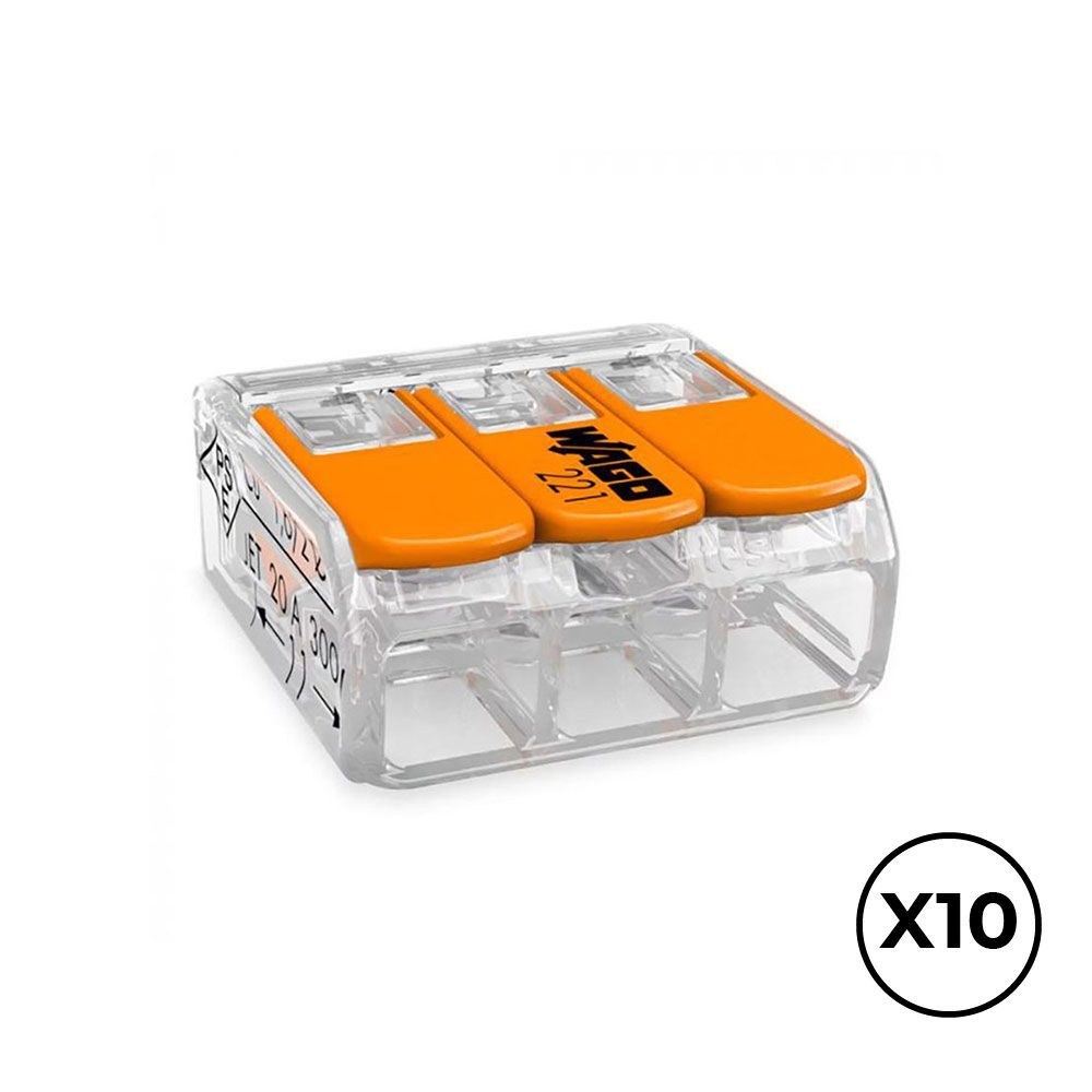 Conector Rápido Con Palanca 3 Vias, Ø Maximo 4 Mm²,  450 V , 32 A; Transparente; 18,8 X 18,6 X 8,4 Mm, 10 Uds