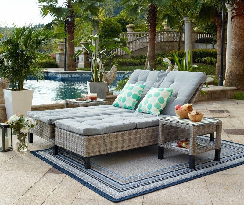 Conjunto cama tumbona y dos mesitas en rattan y acero C2-0245